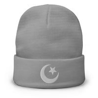 Gray cuffed beanie with Star and Crescent Moon Ancient embroidered artwork, front view