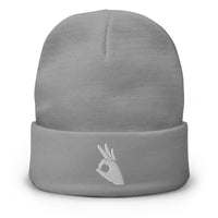 Gray cuffed beanie with Okay Sign Hand Gesture embroidered artwork, front view