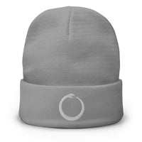Gray cuffed beanie with Ouroboros Snake Eating Tail Alchemy embroidered artwork, front view