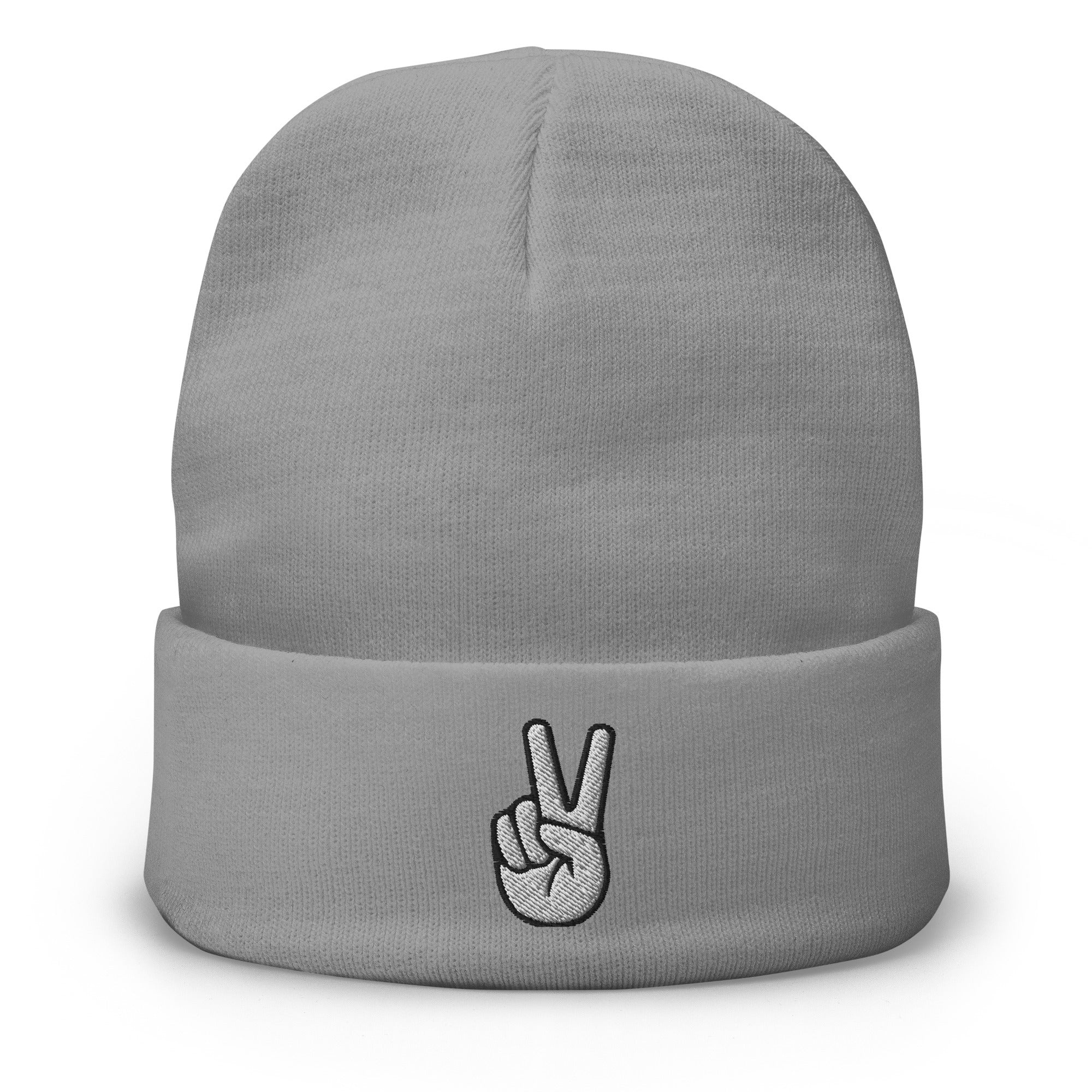 The V Sign for Victory Hand Gesture Embroidered Cuff Beanie