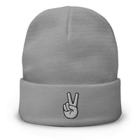 Gray cuffed beanie with The V Sign for Victory Hand Gesture embroidered artwork, front view
