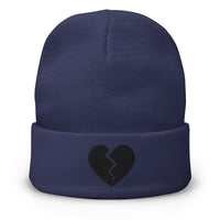 Navy cuffed beanie with Black Broken Heart Valentines Day embroidered artwork, front view