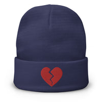 Navy cuffed beanie with Red Broken Heart Valentine's Day embroidered artwork, front view