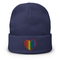 Navy cuffed beanie with Gay Pride Rainbow Colors Heart embroidered artwork, front view