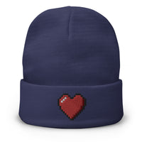 Navy cuffed beanie with Retro 8 Bit Video Game Pixelated Heart embroidered artwork, front view