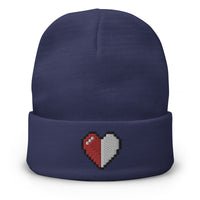 Navy cuffed beanie with Retro 8 Bit Video Game Pixelated Half Life Heart embroidered artwork, front view