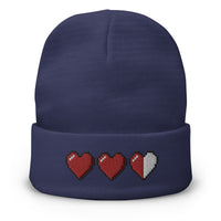 Navy cuffed beanie with 3 Heart Meter Retro 8 Bit Video Game Pixelated embroidered artwork, front view