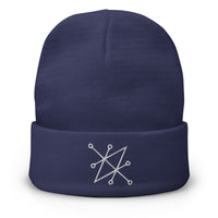 Navy cuffed beanie with White Sigil of Fallen Angel Azazel embroidered artwork, front view