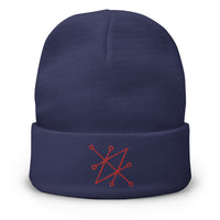 Navy cuffed beanie with Red Sigil of Fallen Angel Azazel embroidered artwork, front view