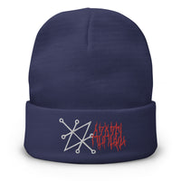 Navy cuffed beanie with Sigil of Azazel Demon embroidered artwork, front view