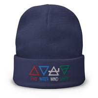 Navy cuffed beanie with Four Elements of Matter: Fire, Water, Wind, Earth embroidered artwork, front view