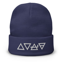 Navy cuffed beanie with Fire Water Wind Earth The Four Elements of Matter embroidered artwork, front view