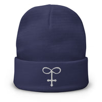 Navy cuffed beanie with Alchemy Glass embroidered artwork, front view