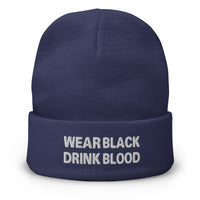 Navy cuffed beanie with Wear Black Drink Blood embroidered artwork, front view