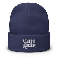 Navy cuffed beanie with Carpe Noctem Seize The Night Vampire embroidered artwork, front view