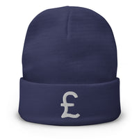 Navy cuffed beanie with The British Pound Sterling Money Currency embroidered artwork, front view