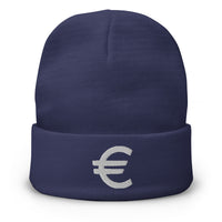 Navy cuffed beanie with The Euro Currency Money of European Union embroidered artwork, front view
