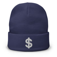 Navy cuffed beanie with The Almighty US Dollar Sign of Money embroidered artwork, front view