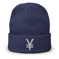Navy cuffed beanie with The Yen and Yuan Sign of Money Currency embroidered artwork, front view