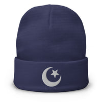 Navy cuffed beanie with Star and Crescent Moon Ancient embroidered artwork, front view