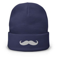 Navy cuffed beanie with Classic Handlebar Mustache embroidered artwork, front view