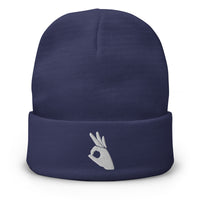 Navy cuffed beanie with Okay Sign Hand Gesture embroidered artwork, front view