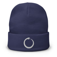 Navy cuffed beanie with Ouroboros Snake Eating Tail Alchemy embroidered artwork, front view