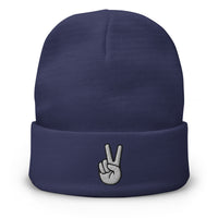 Navy cuffed beanie with The V Sign for Victory Hand Gesture embroidered artwork, front view