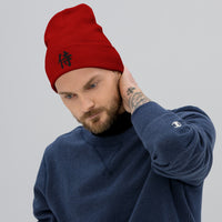 Red cuffed beanie with Samurai The Japanese Kanji embroidered artwork, front view