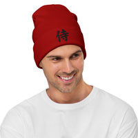 Red cuffed beanie with Samurai The Japanese Kanji embroidered artwork, front view