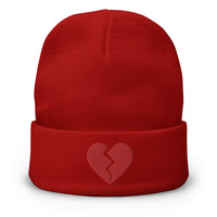 Red cuffed beanie with Red Broken Heart Valentine's Day embroidered artwork, front view