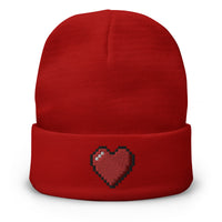 Red cuffed beanie with Retro 8 Bit Video Game Pixelated Heart embroidered artwork, front view