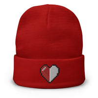 Red cuffed beanie with Retro 8 Bit Video Game Pixelated Half Life Heart embroidered artwork, front view