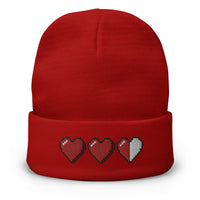 Red cuffed beanie with 3 Heart Meter Retro 8 Bit Video Game Pixelated embroidered artwork, front view