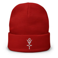 Red cuffed beanie with Antimony Alchemy Protection embroidered artwork, front view