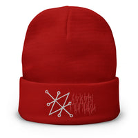 Red cuffed beanie with Sigil of Azazel Demon embroidered artwork, front view