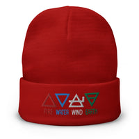 Red cuffed beanie with Four Elements of Matter: Fire, Water, Wind, Earth embroidered artwork, front view