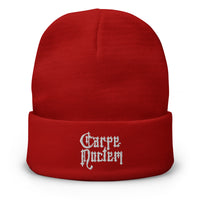 Red cuffed beanie with Carpe Noctem Seize The Night Vampire embroidered artwork, front view