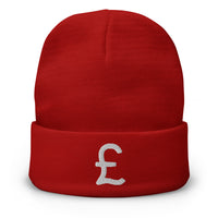 Red cuffed beanie with The British Pound Sterling Money Currency embroidered artwork, front view