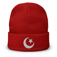 Red cuffed beanie with Star and Crescent Moon Ancient embroidered artwork, front view