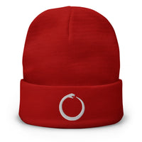Red cuffed beanie with Ouroboros Snake Eating Tail Alchemy embroidered artwork, front view