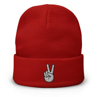 Red cuffed beanie with The V Sign for Victory Hand Gesture embroidered artwork, front view