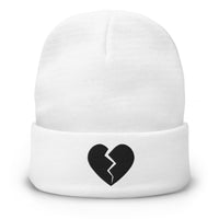 White cuffed beanie with Black Broken Heart Valentines Day embroidered artwork, front view