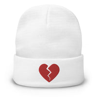 White cuffed beanie with Red Broken Heart Valentine's Day embroidered artwork, front view