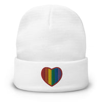 White cuffed beanie with Gay Pride Rainbow Colors Heart embroidered artwork, front view