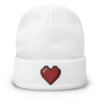 White cuffed beanie with Retro 8 Bit Video Game Pixelated Heart embroidered artwork, front view