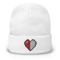 White cuffed beanie with Retro 8 Bit Video Game Pixelated Half Life Heart embroidered artwork, front view