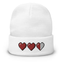 White cuffed beanie with 3 Heart Meter Retro 8 Bit Video Game Pixelated embroidered artwork, front view