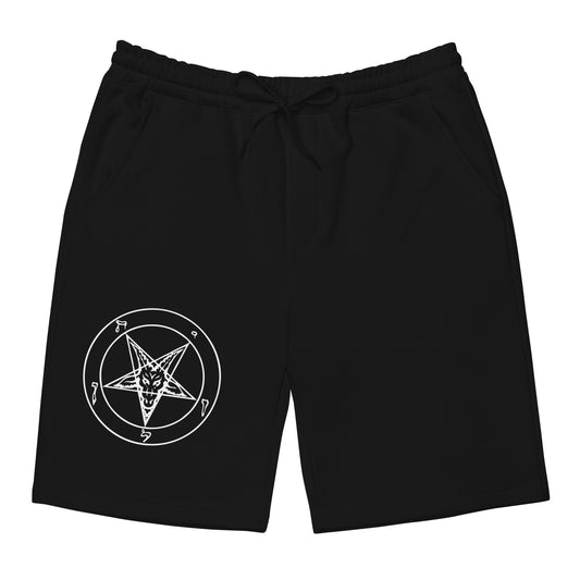 White Sigil of Baphomet design on men's fleece shorts, front view