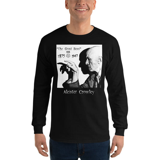 Aleister Crowley design on unisex long sleeve shirt, front view